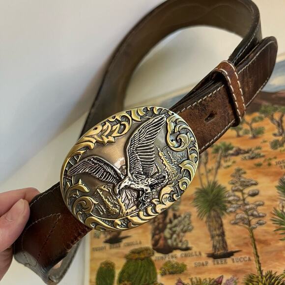 Vintage Distressed Stitched Brown Genuine Leather Eagle Buckle Belt - L - Picture 8 of 12